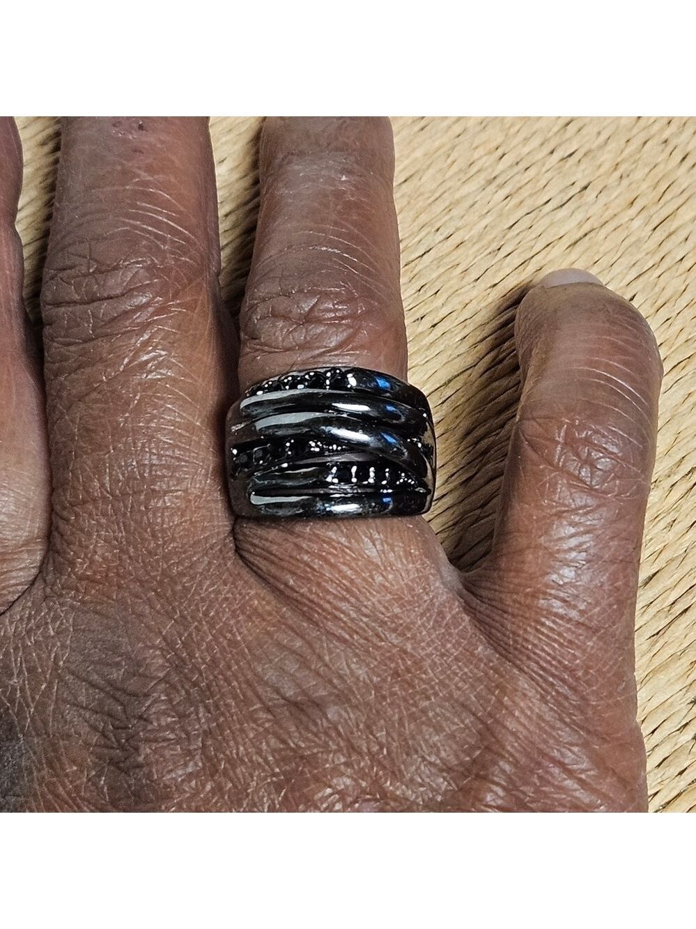 Gunmetal Black and Black Rhinestones Wide Band Ring, Size 7.5
